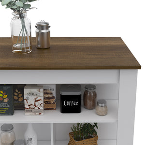 English Elm Kitchen Island Table With 3 Open Storage Shelves, 35" Height, White/Walnut Finish For Modern Homes B097132970
