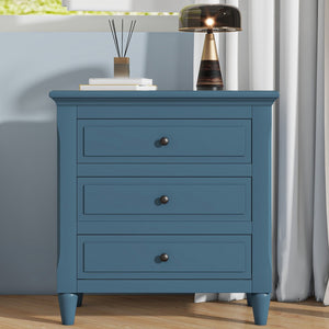 English Elm U_style Three Drawer Painted Nightstand Rubberwood Legs Minimalist Bedside Storage Cabinet Blue WF319366AAV