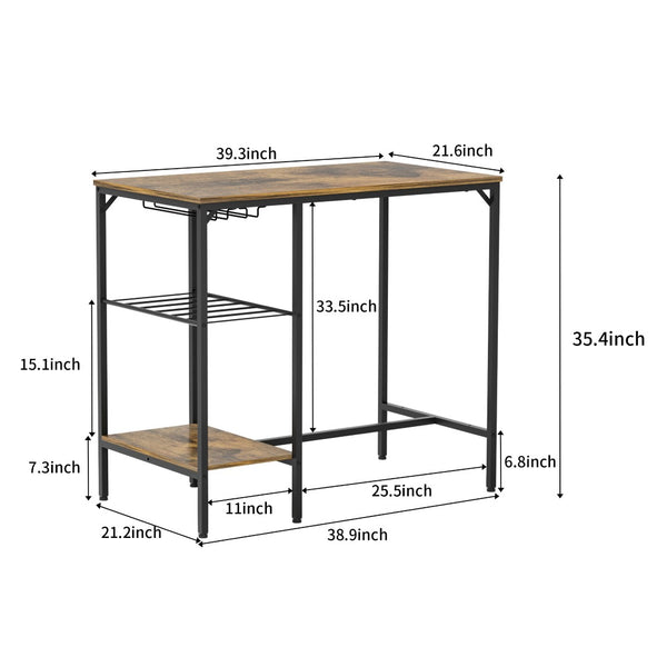 English Elm Bar Table Set 3 Piece Pub Dining with Pu Stools Iron Frame for Small Spaces W1903P149802