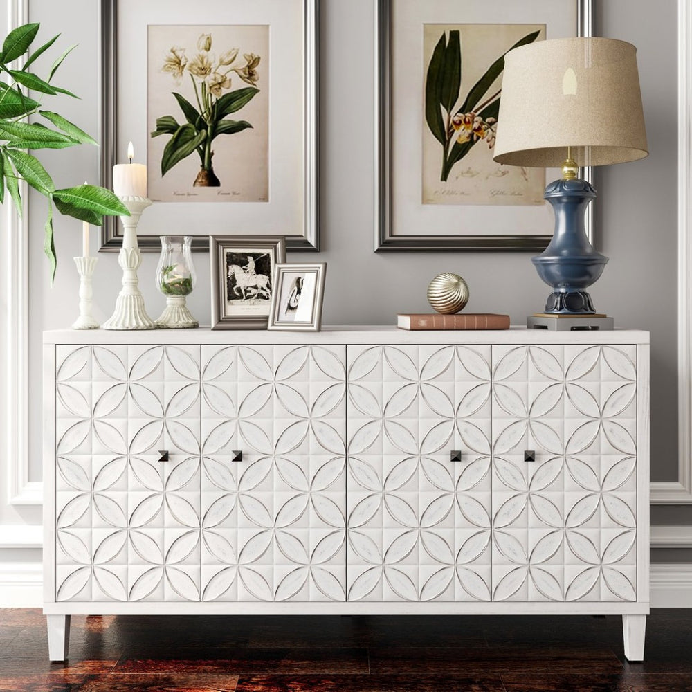 English Elm Accent Farmhouse Sideboard with Fluted Doors Natural Wood Wash Finish Dining Storage W1435P153086