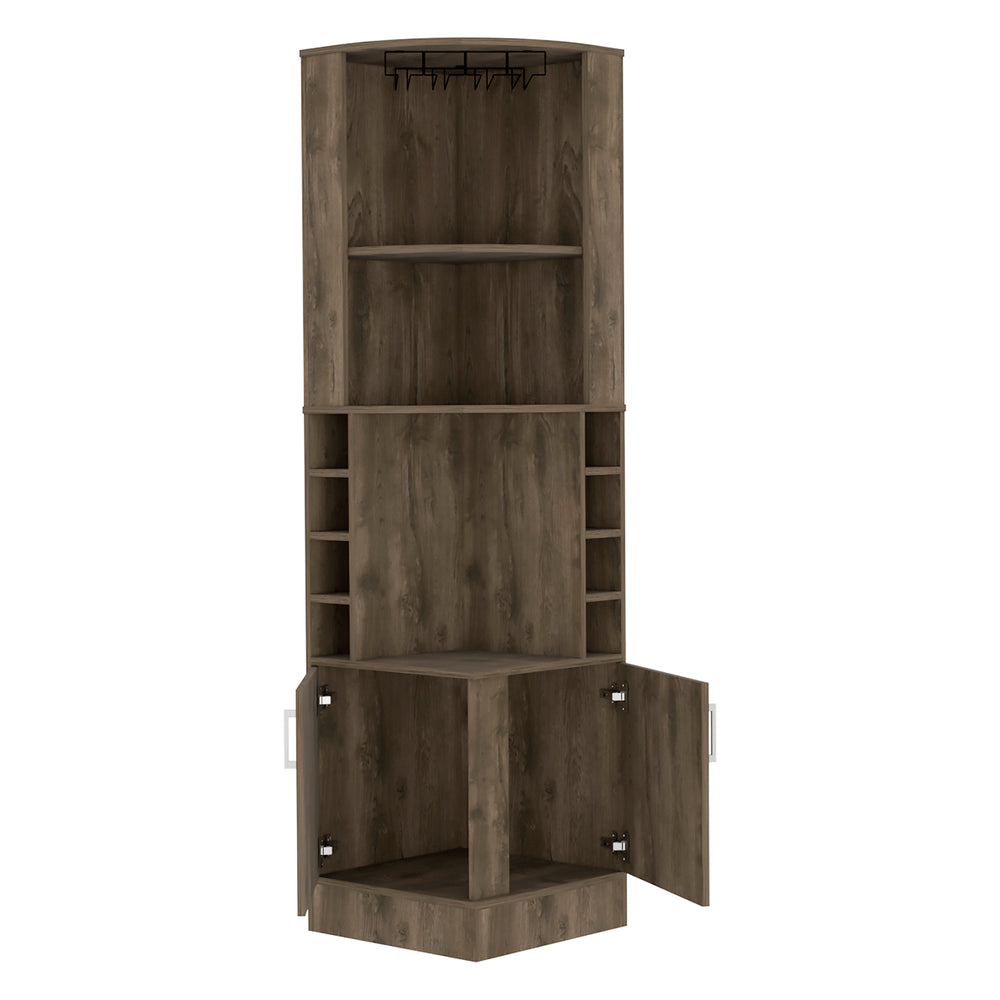 English Elm Bar bar cabinet 71" H Dark Brown with 8 bottle cubbies, glass holder, central display shelf & drawer B097132989