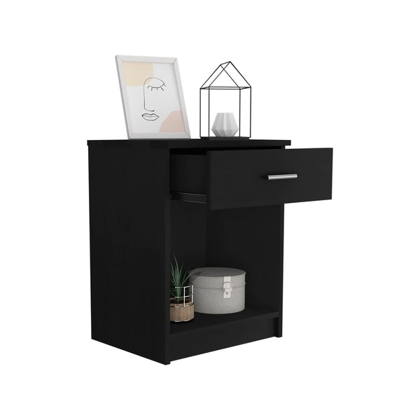 English Elm Nightstand With One Drawer & Low Shelf - Modern Black Design For Compact Spaces & Stylish Storage B097132927