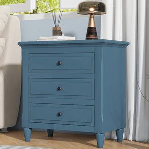 English Elm U_style Three Drawer Painted Nightstand Rubberwood Legs Minimalist Bedside Storage Cabinet Blue WF319366AAV