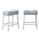 English Elm Coco Upholstered Counter Height Stools - Saddle Seat, White-Washed Finish, Gray Fabric, Set Of 2