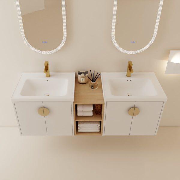English Elm 60 Inch Modern Soft Close Bathroom Vanity Set With Ceramic Sink, Storage Shelves & Stylish Handles W999S00137