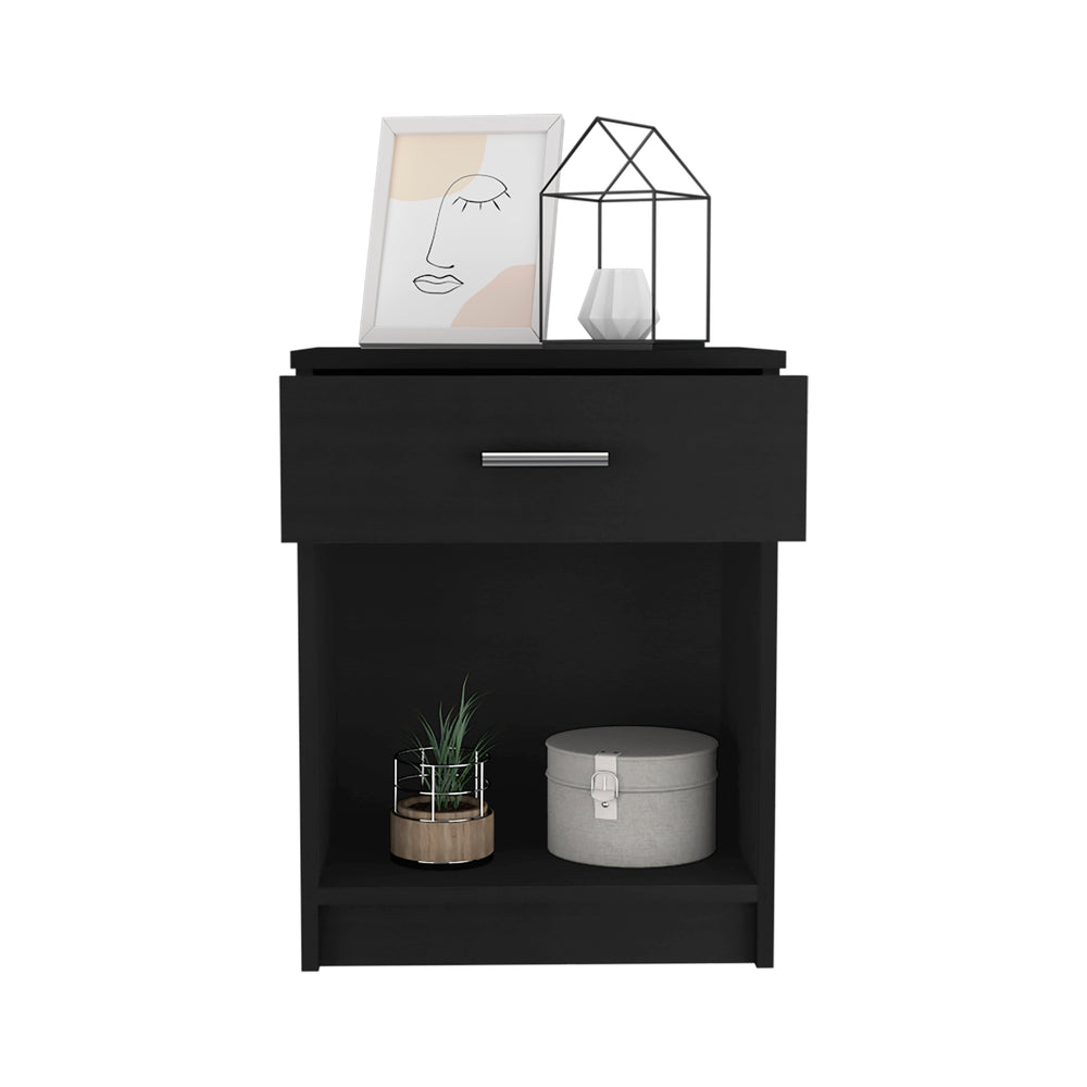 English Elm Nightstand With One Drawer & Low Shelf - Modern Black Design For Compact Spaces & Stylish Storage B097132927