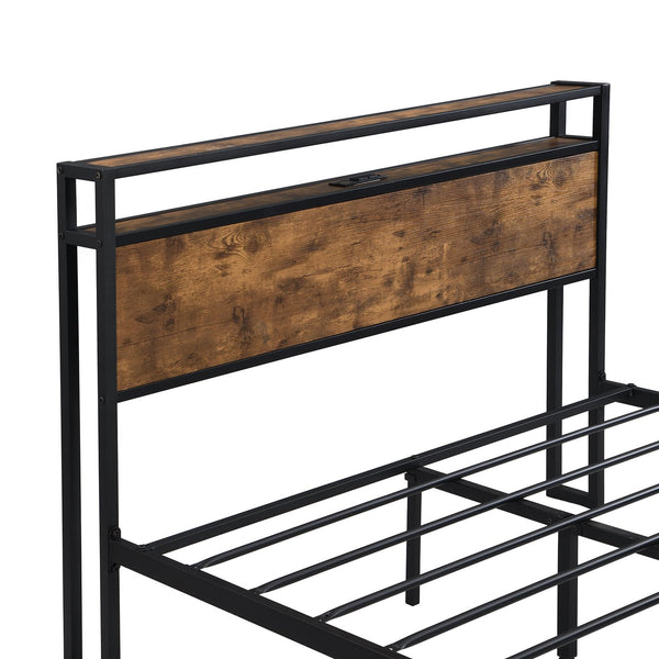English Elm Full Size Metal Platform Bed Frame with Wooden Headboard Footboard USB Ports, 10" Storage, 600LB Capacity W2297P164911