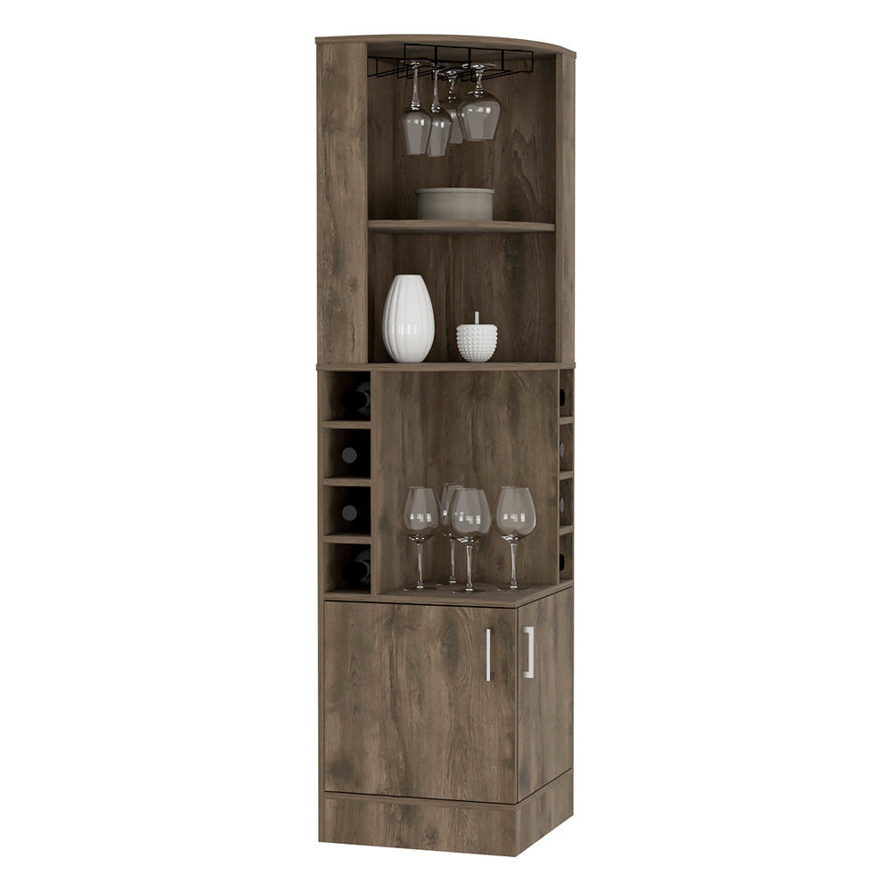 English Elm Bar bar cabinet 71" H Dark Brown with 8 bottle cubbies, glass holder, central display shelf & drawer B097132989