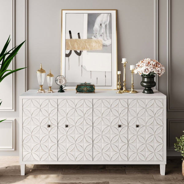 English Elm Accent Farmhouse Sideboard with Fluted Doors Natural Wood Wash Finish Dining Storage W1435P153086