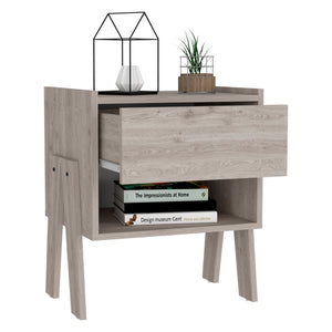 English Elm Nightstand With Drawer & Open Shelf, Modern Light Gray Design For Small Spaces & Bedrooms Storage B097132935