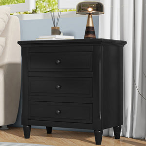 English Elm U_style Three Drawer Painted Nightstand Rubberwood Legs Minimalist Bedside Storage Cabinet Black WF319366AAB
