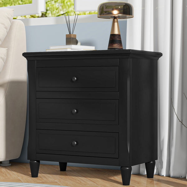 English Elm U_style Three Drawer Painted Nightstand Rubberwood Legs Minimalist Bedside Storage Cabinet Black WF319366AAB