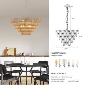 English Elm (Same As W1340P155977/L1019-5) 24" Boho 5-Layer Woven Hemp Rope Chandelier - Elegant Pendant Light Fixture For Home W1340P206666