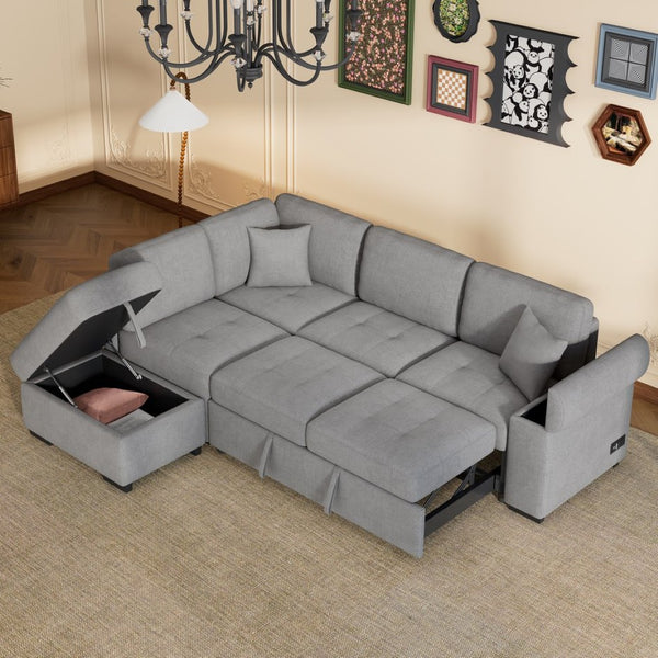 English Elm Sleeper Sectional Velvet Sofa with Usb Ports Ottoman Storage for Apartment Living SG000250AAE