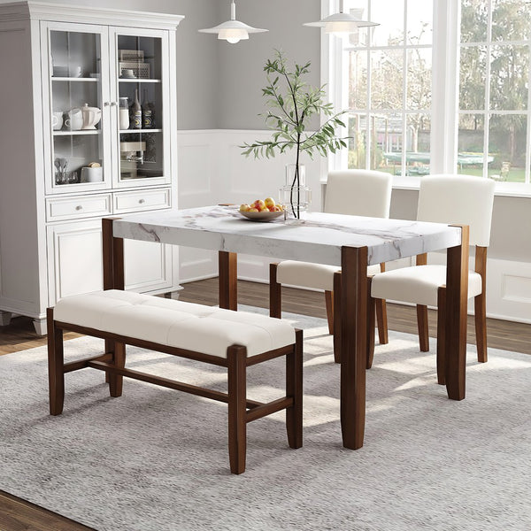 English Elm 4-Piece Modern Dining Set with 46" Faux Marble Table, Upholstered Bench & Chairs, Space-Saving Chic SQ000084AAK