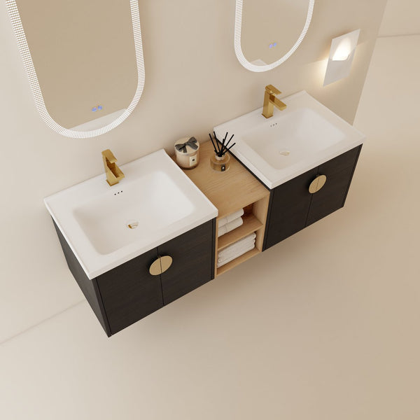 English Elm 60 Inch Soft Close Doors Bathroom Vanity Set With Ceramic Sink, Storage Shelves & Modern Design W999S00138