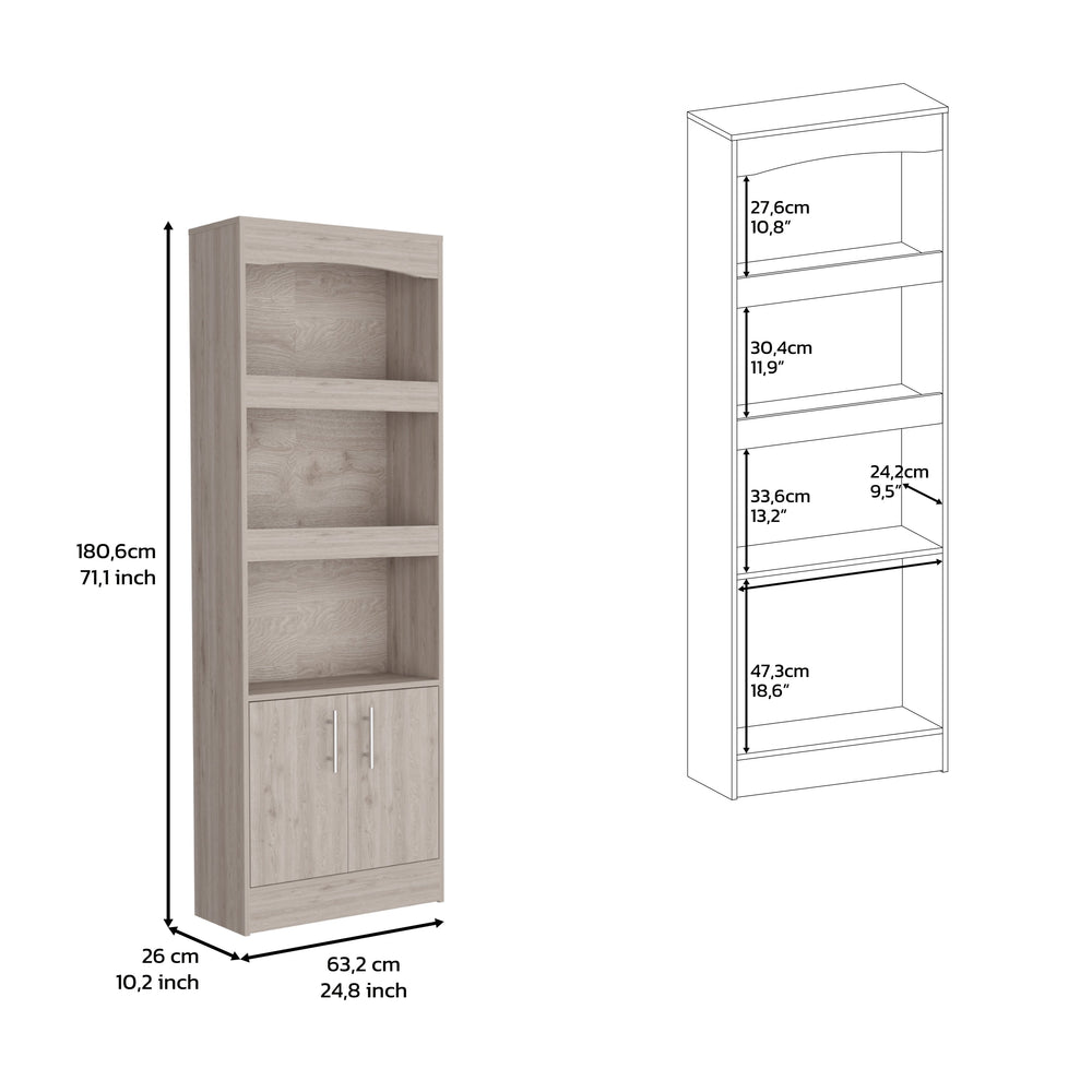 English Elm Bookcase, 70.8" Tall Three-Shelf Double Door Cabinet with Framed Shelves and Metal Hardware Elegance Gray 75.59 L x 16.53 W x 4.33 H B097132974