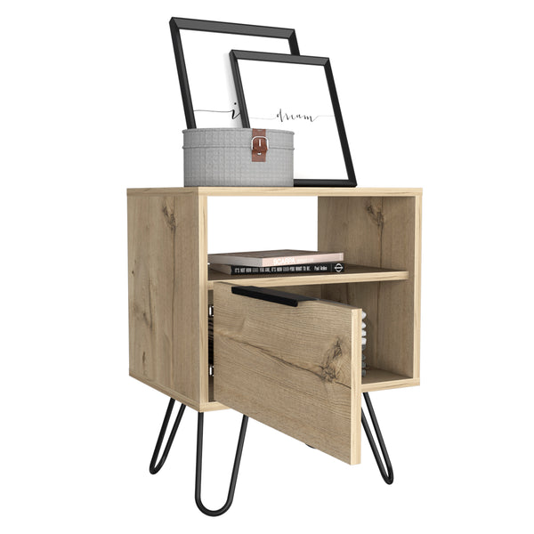 English Elm Nightstand For Modern Spaces - 22"H With Open Shelf & Single Door Cabinet, Light Oak Finish B097132924