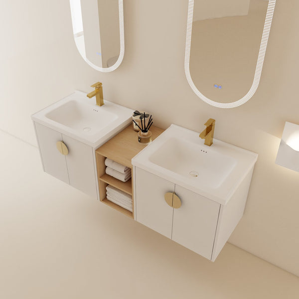 English Elm 60 Inch Modern Soft Close Bathroom Vanity Set With Ceramic Sink, Storage Shelves & Stylish Handles W999S00137