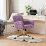 English Elm Office Chair,Artificial Rabbit Hair Home Office Chair With Golden Metal Base,Adjustable Desk Chair Swivel Office Chair,Vanity Chair(Violet)