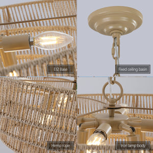 English Elm (Same As W1340P155977/L1019-5) 24" Boho 5-Layer Woven Hemp Rope Chandelier - Elegant Pendant Light Fixture For Home W1340P206666