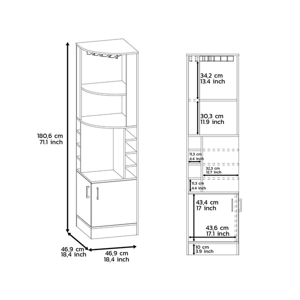 English Elm Bar bar cabinet 71" H Dark Brown with 8 bottle cubbies, glass holder, central display shelf & drawer B097132989