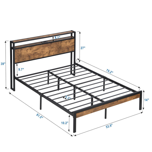 English Elm Full Size Metal Platform Bed Frame with Wooden Headboard Footboard USB Ports, 10" Storage, 600LB Capacity W2297P164911