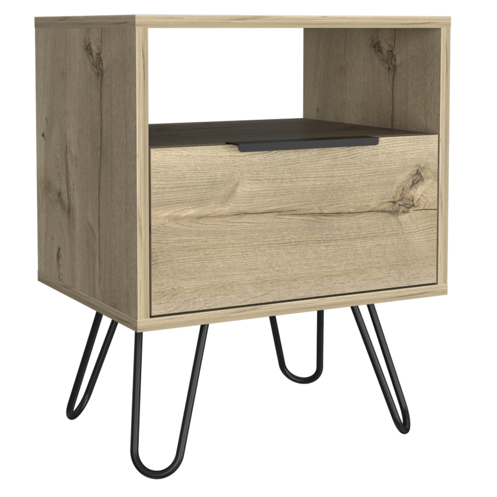 English Elm Nightstand For Modern Spaces - 22"H With Open Shelf & Single Door Cabinet, Light Oak Finish B097132924