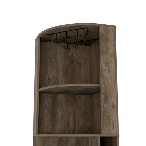 English Elm Bar bar cabinet 71" H Dark Brown with 8 bottle cubbies, glass holder, central display shelf & drawer B097132989