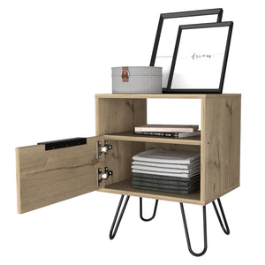 English Elm Nightstand For Modern Spaces - 22"H With Open Shelf & Single Door Cabinet, Light Oak Finish B097132924