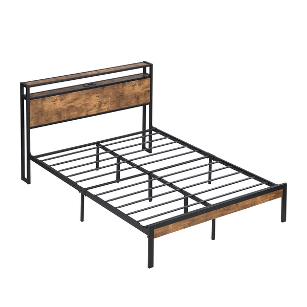 English Elm Full Size Metal Platform Bed Frame with Wooden Headboard Footboard USB Ports, 10" Storage, 600LB Capacity W2297P164911