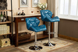 Set of 2 Blue Tufted Hydraulic Bar Stools, Adjustable Height, Swivel Seats