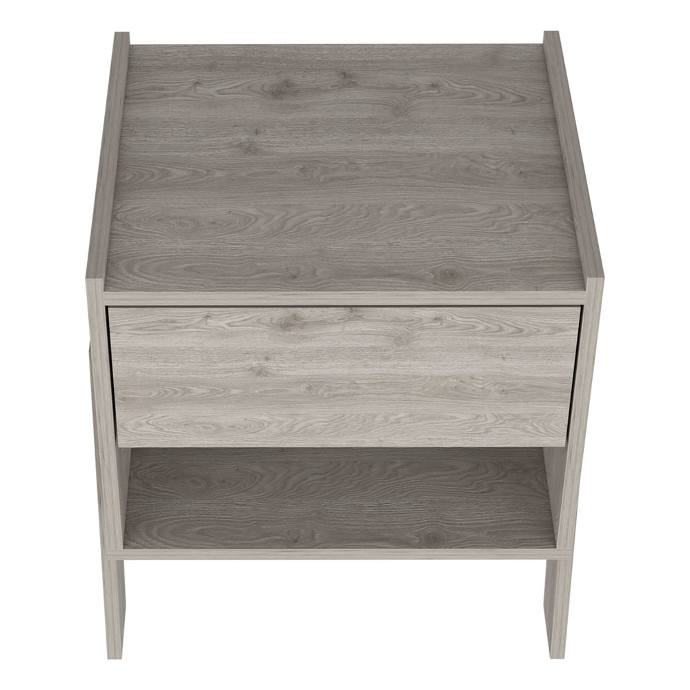 English Elm Nightstand With Drawer & Open Shelf, Modern Light Gray Design For Small Spaces & Bedrooms Storage B097132935