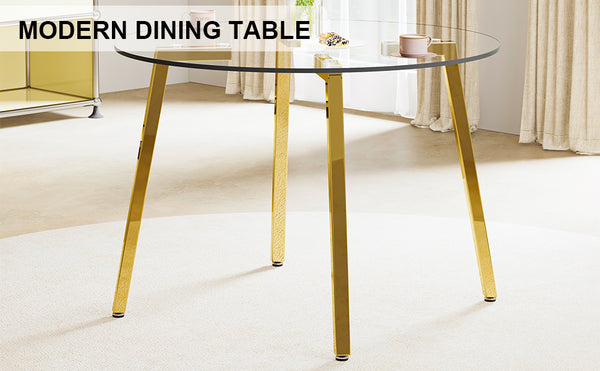 English Elm Modern minimalist dining table with imitation marble glass top and metal legs for elegant gatherings, 77" Transparent W1151S03853