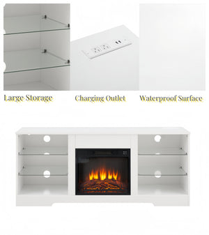 English Elm TV 58" Electric Fireplace TV Stand with 3D Realistic Flame, LED Lights, USB & AC Power Strip, Modern Media Console White W2275P149866