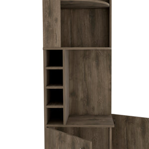 English Elm Bar bar cabinet 71" H Dark Brown with 8 bottle cubbies, glass holder, central display shelf & drawer B097132989