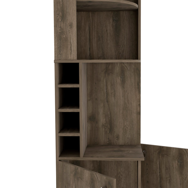 English Elm Bar bar cabinet 71" H Dark Brown with 8 bottle cubbies, glass holder, central display shelf & drawer B097132989
