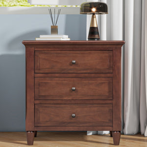 English Elm U_style Three Drawer Painted Nightstand Rubberwood Legs Minimalist Bedside Storage Cabinet Brown WF319366AAD