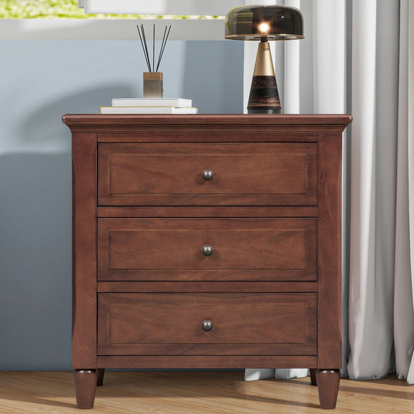 English Elm U_style Three Drawer Painted Nightstand Rubberwood Legs Minimalist Bedside Storage Cabinet Brown WF319366AAD