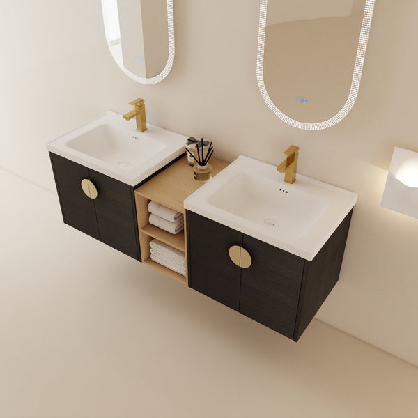 English Elm 60 Inch Soft Close Doors Bathroom Vanity Set With Ceramic Sink, Storage Shelves & Modern Design W999S00138
