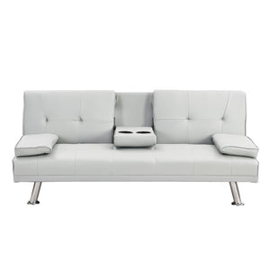 English Elm Sofa Bed Futon with Cup Holders White Pvc Upholstery Wood Frame Steel Legs W2297P164962