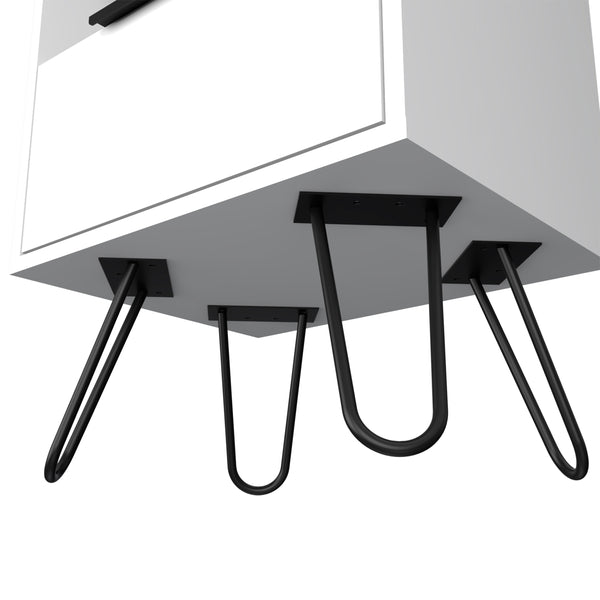 English Elm Nightstand With Open Shelf & Single-Door Cabinet, Stylish Hairpin Legs - Modern White Design For Small Spaces B097132926