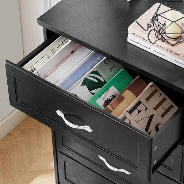 English Elm Modern Elegant Chest of Drawers with Antique Gold Knobs, 8-Drawer Durable Clothes Organizer, Waterproof Finish Black W1668P182256