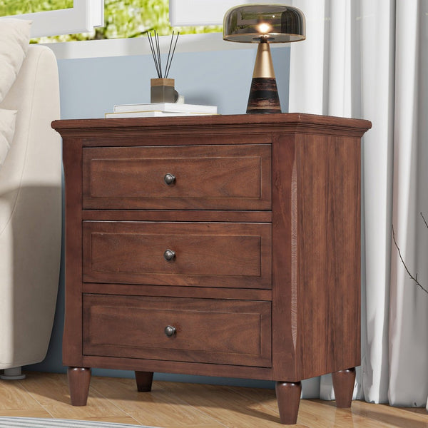 English Elm U_style Three Drawer Painted Nightstand Rubberwood Legs Minimalist Bedside Storage Cabinet Brown WF319366AAD