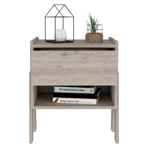 English Elm Nightstand With Drawer & Open Shelf, Modern Light Gray Design For Small Spaces & Bedrooms Storage B097132935