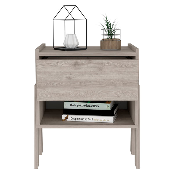 English Elm Nightstand With Drawer & Open Shelf, Modern Light Gray Design For Small Spaces & Bedrooms Storage B097132935