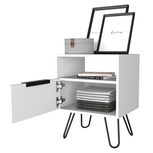 English Elm Nightstand With Open Shelf & Single-Door Cabinet, Stylish Hairpin Legs - Modern White Design For Small Spaces B097132926