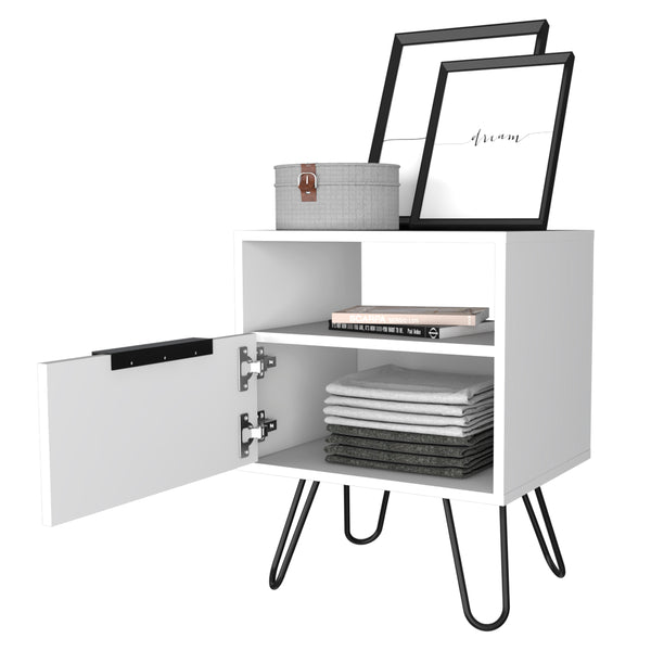 English Elm Nightstand With Open Shelf & Single-Door Cabinet, Stylish Hairpin Legs - Modern White Design For Small Spaces B097132926