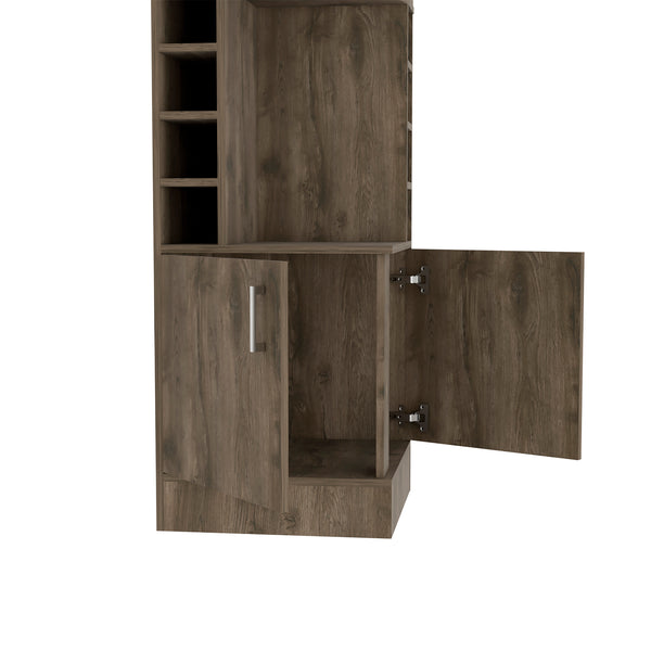 English Elm Bar bar cabinet 71" H Dark Brown with 8 bottle cubbies, glass holder, central display shelf & drawer B097132989