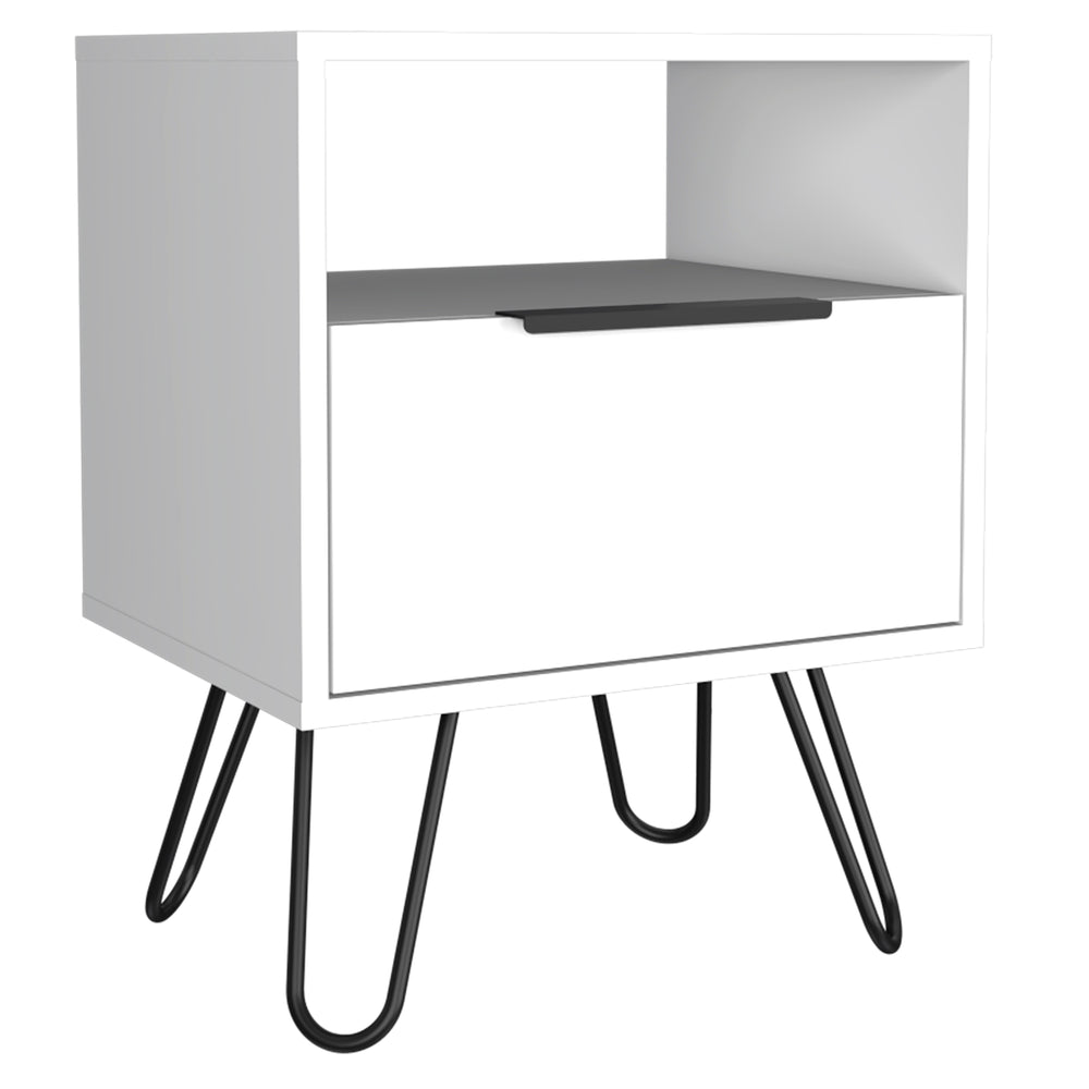 English Elm Nightstand With Open Shelf & Single-Door Cabinet, Stylish Hairpin Legs - Modern White Design For Small Spaces B097132926